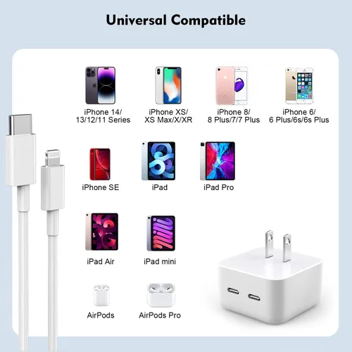 Miniatura 6 de Cargador rápido para iPhone, cargador para iPhone 14 [certificado MFi] de 40 W, bloque de cargador de pared plegable de doble puerto USB-C rápido