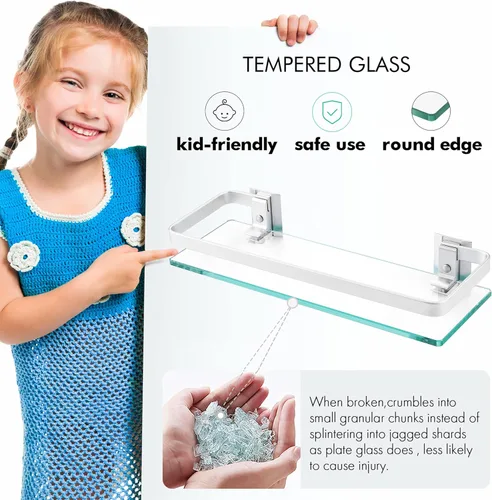 Miniatura 6 de KES Estantes de vidrio para baño, estantes flotantes de vidrio templado de 14 pulgadas de aluminio extra grueso, paquete de 2 organizadores