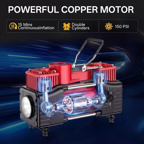 Miniatura 2 de YUNGTEE Inflador de Neumáticos de Servicio Pesado de Doble Cilindro con Accionamiento Directo Bomba de Inflado, Compresor de Aire Portátil de 12V