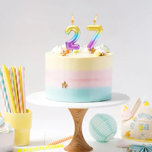 Miniatura 5 de Velas número 2 arcoíris con número 3D de feliz cumpleaños para decoración de fiesta de pastel de cumpleaños, suministros de celebración