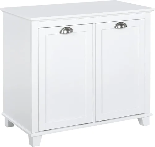 Miniatura 11 de HOMCOM Gabinete de lavandería con doble inclinación, armario de almacenamiento de baño con canasta de 2 compartimentos, gabinete de baño moderno