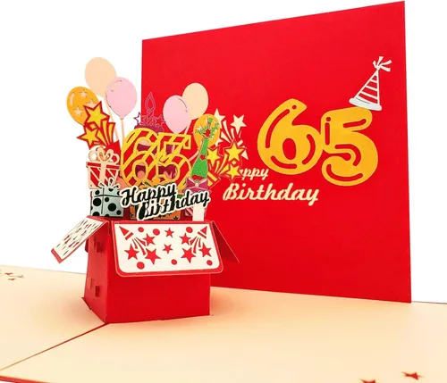 Miniatura 5 de iGifts And Cards Tarjeta de felicitación emergente 3D con caja de fiesta de cumpleaños número 65 color rojo de feliz 65 años – Sesenta y cinco