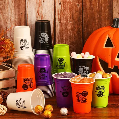 Miniatura 4 de Lallisa 50 vasos de plástico de Halloween de 16 onzas desechables para fiesta de Halloween, divertidos vasos de calabaza, fantasma, calavera, gato