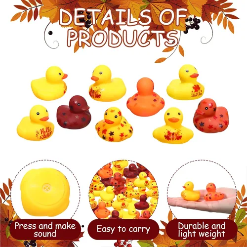 Miniatura 3 de Hiboom Patos de goma de Acción de Gracias de 1.38 pulgadas, patos de goma de otoño con patrones de hojas de calabaza, juguetes de bañera