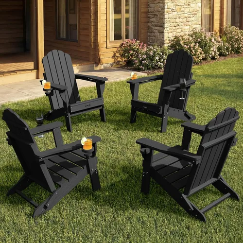 Miniatura 49 de Silla Adirondack plegable, silla Adirondack de HDPE con 2 soportes para tazas, sillas para fogatas al aire libre de fácil montaje para patio