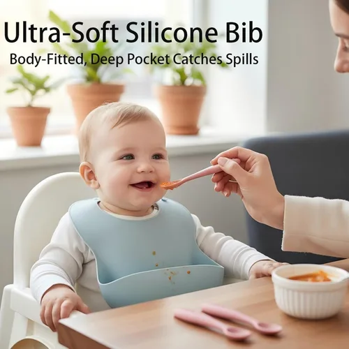 Miniatura 2 de Baberos de silicona para bebés, 2 unidades, con cucharas de silicona para bebés, impermeables, suaves