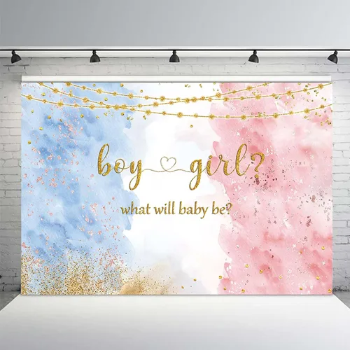 Miniatura 2 de MEHOFOND Fondo de revelación de género azul y rosa de 5 x 3 pies, decoración de fiesta de niño o niña, fondo de fotografía, acuarela, oro rosa