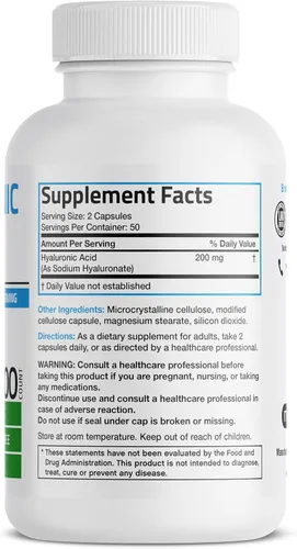 Miniatura 2 de Bronson Ácido hialurónico 200 mg de alta potencia para la salud de las articulaciones y apoyo para la piel saludable, sin OMG, 100 cápsulas