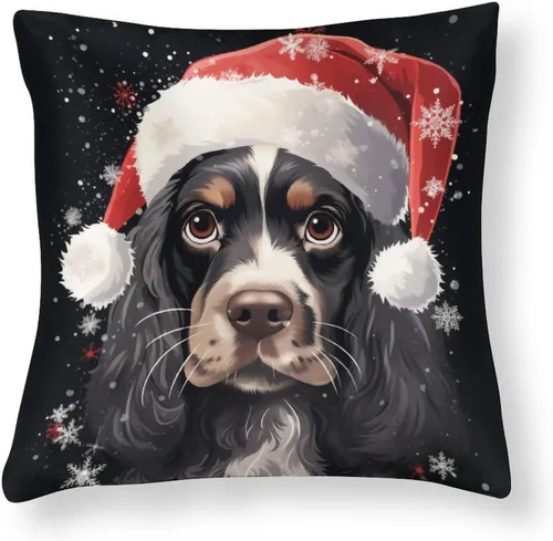 Miniatura 15 de Divertidas fundas de almohada de satén de Navidad con diseño de perro y cocker spaniel con gorro de Papá Noel, copos de nieve, decoración