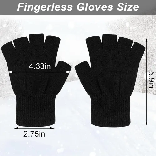 Miniatura 3 de Sumfox 4 pares de guantes negros sin dedos para mujeres y hombres, guantes unisex de medio dedo, guantes de punto, guantes elásticos de invierno