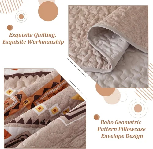 Miniatura 5 de WONGS BEDDING Juego de edredón bohemio de color beige, tamaño Queen, juego de colcha con estampado geométrico con 2 fundas de almohada, juego