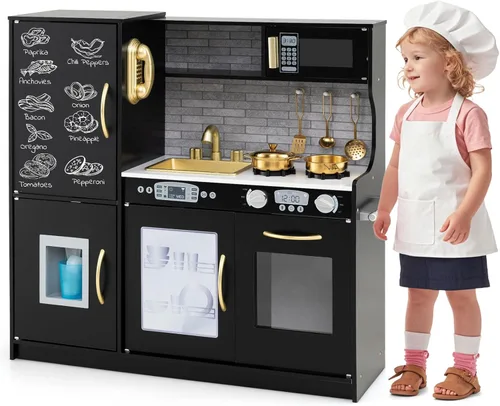 Juego de cocina, juguete de cocina de madera para niños con microondas, nevera, horno fácil de hornear, pizarra y máquina de hielo, juguetes de
