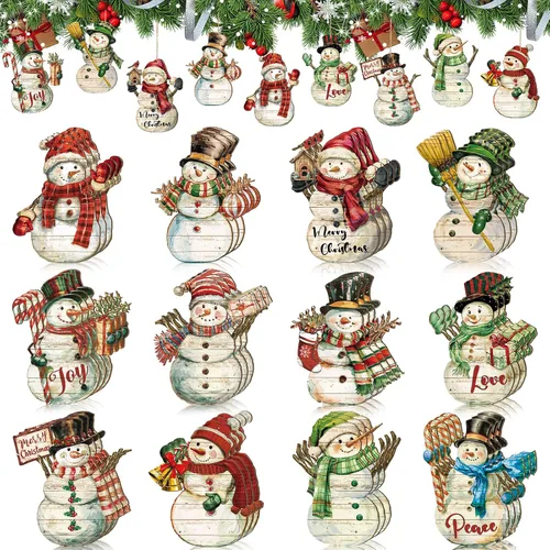 Miniatura 8 de Huwena 36 piezas de adornos de muñeco de nieve de Navidad para árbol, adornos de muñeco de nieve de Navidad, tallas de madera, adornos de árbol