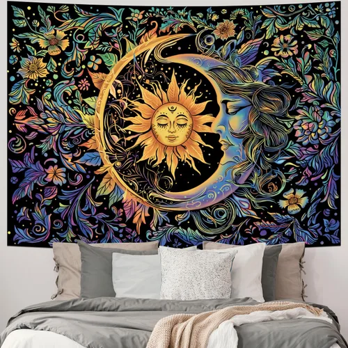 Miniatura 2 de Tapiz de sol y luna, psicodélico, místico, floral, hippie, bohemio, flores, tapices de pared, tapices estéticos vintage para colgar en la pared