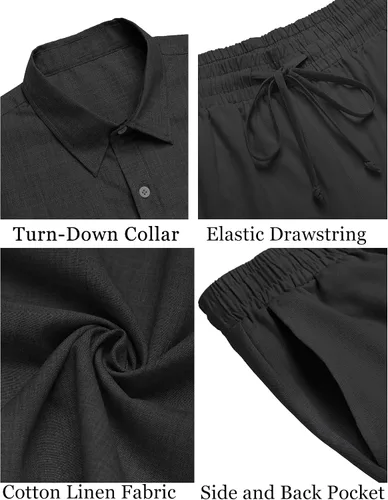 Miniatura 15 de COOFANDY Conjunto de 2 piezas de algodón y lino para hombre, camisas de manga corta con botones, pantalones cortos de playa de verano, trajes