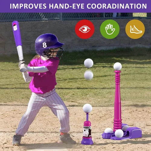 Miniatura 4 de QDRAGON Juego de 2 en 1 de T Ball para niños de 3-5 y 5-8 años, juego de Tee Ball con máquina lanzadora automática/bate de bateo ajustable y Rosa