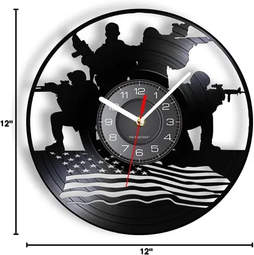 Miniatura 10 de Reloj de pared militar de diseño patriótico de 12 pulgadas, funciona con pilas, con bandera estadounidense, disco de vinilo decorativo, regalo Sin