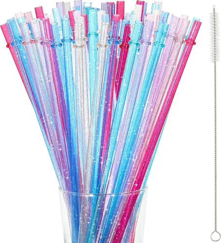 48 pajillas de plástico reutilizables de 11 pulgadas sin BPA, pajillas de purpurina coloridas para tarros y vasos de 40/30/24 onzas, con cepillo de