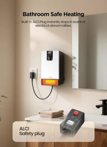 Miniatura 7 de GiveBest Calentador de pared para baño, calentador eléctrico de calentamiento rápido de 1500 W con enchufe ALCI, termostato ajustable, 3 modos