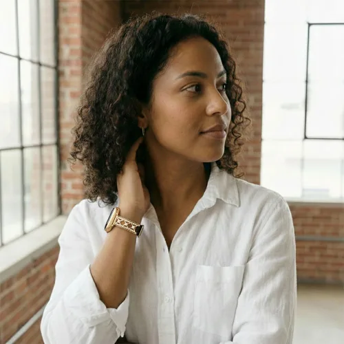 Miniatura 6 de Correa de cuero genuino y joyería para Apple Watch para mujer, elegante pulsera de perlas con circonitas laterales brillantes, correa de iWatch