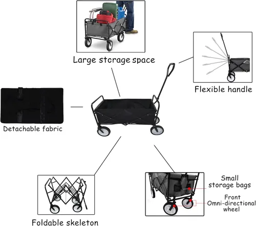 Miniatura 3 de Carro plegable multifunción negro para exteriores, ruedas portátiles para uso público, camping, comestibles, compras, transporte de niños, picnic