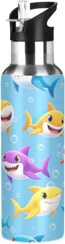 BPA-Free Sport Water Bottle Insulated 32 Oz, Insulated Water Bottle for Gym Outdoor Travel School, Colorful Cartoon Sharks Blue