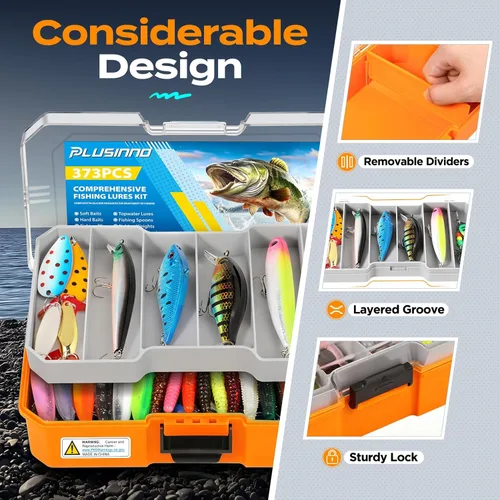 Miniatura 5 de PLUSINNO Caja de aparejos de pesca con aparejos incluidos, kit de señuelos de pesca de 373 piezas con bandeja extraíble, equipo de pesca con Caja