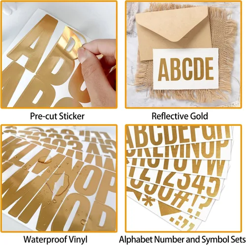 Miniatura 3 de Kit de 12 hojas de 200 calcomanías de letras doradas, grandes letras de vinilo, números, calcomanías adhesivas del alfabeto de 2 1/2 pulgadas