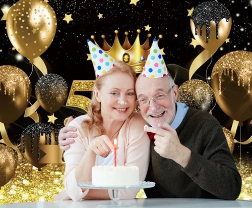 Miniatura 5 de Telón de fondo para fotografía de cumpleaños número 50 para mujeres y hombres, globo con purpurina negra y dorada, telón de fondo para fotos