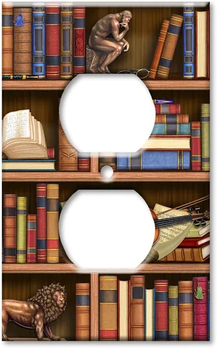 Art Plates - Placa decorativa de pared metálica con tapa de salida - Libros en la biblioteca - Imagen de Dan Morris - (Hecho en Estados Unidos)