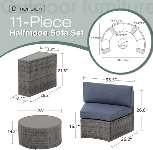 Miniatura 6 de SUNSITT Muebles de patio para exteriores, 11 piezas, juego de muebles de patio redondos seccionales de media luna, sofá curvado para exteriores