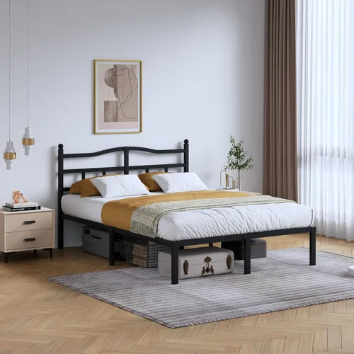 SHOANED Base de cama metálica de 14 pulgadas - Base de cama de tamaño Queen de alta resistencia con cabecero, listones de acero negro básico,