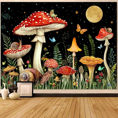 Miniatura 20 de Zussun Tapiz de hongo rojo, tapices de luna y estrella para dormitorio, estética de color beige, noche estrellada, planta verde, tapiz de pared
