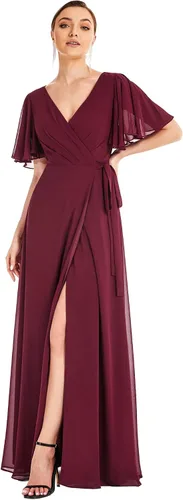 Miniatura 4 de Ever-Pretty Vestidos de noche de gasa para mujer, con cuello en V, mangas con volantes, abertura lateral, longitud al suelo, 0300A