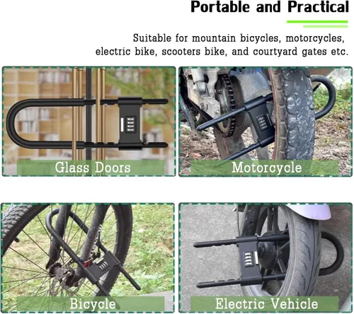 Miniatura 8 de Candado de combinación de 4 dígitos, bloqueo de código de seguridad en forma de U antirrobo resistente con grillete ajustable, para bicicletas