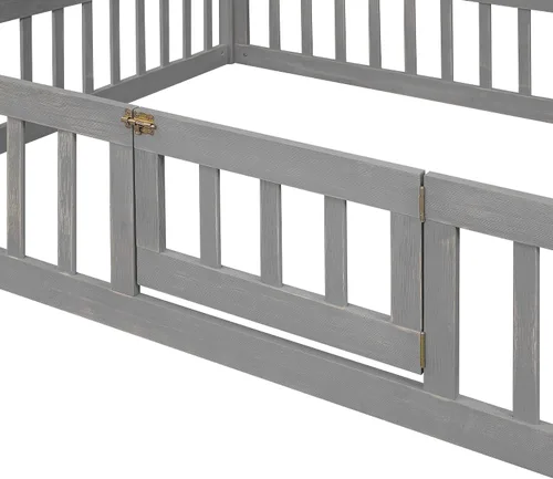Miniatura 9 de VilroCaz Cama de casa de tamaño matrimonial para niños, marco de cama Montessori de madera maciza con valla y puerta para niños y niñas, diseño