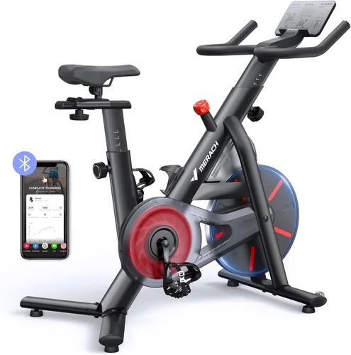 Miniatura 11 de Merach Exercise Bike, Magnetic Friction Stationary Bike with Brake Pad and Exclusive App, Low Noise Indoor Cycling Bike with 300lbs Weight Capacity