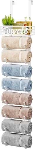 Miniatura 11 de HapiRm Toalleros para almacenamiento de baño, 3 niveles sobre la puerta y montaje en pared, organizador de toallas enrollado con cesta de estante