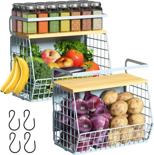 Miniatura 22 de Juego de 2 estantes magnéticos para refrigerador con tapa de madera, contenedores de almacenamiento de papas y cebollas, organizadores y Negro