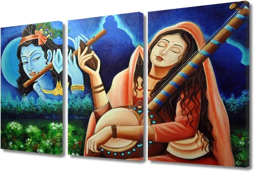 Miniatura 64 de Pintura india hindú Dios Señor Krishna imágenes sobre lienzo, arte de pared de 3 piezas, arte de pared moderno, decoración del hogar para sala