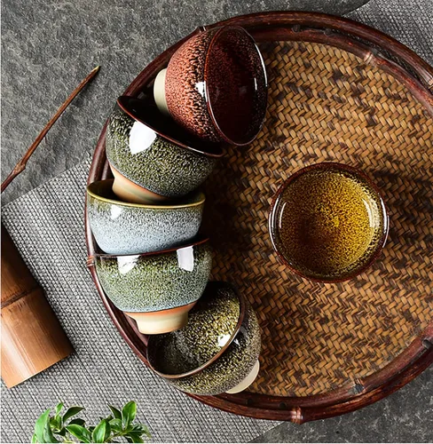 Miniatura 3 de Juego de té Kung Fu de cerámica de 6 piezas, taza de té japonesa, taza de sake, capacidad de 2.1 onzas, 6 colores Marrón oscuro
