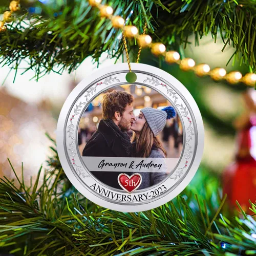 Miniatura 3 de Adorno de 5º aniversario, decoración del árbol de Navidad, nombres personalizados y recuerdos de aniversario de fotos, regalos para parejas juntas