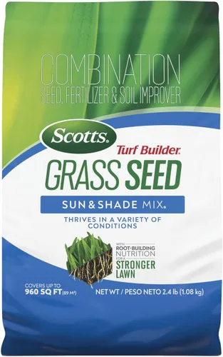 Scotts – Mezcla de semillas de césped Turf Builder Sun & Shade con fertilizante y mejorador de suelo, prospera en diversas condiciones, 2.4 libras