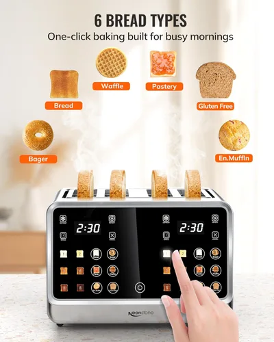 Miniatura 5 de Tostadora Keenstone de 4 rebanadas, tostadora inteligente digital con pantalla táctil, panel de control dual, tostado de ranura única, temporizador