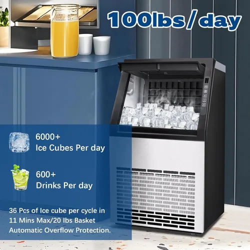 Miniatura 2 de DOGHLY Máquina comercial para hacer hielo, máquina de hielo de acero inoxidable de 100 libras/24 horas, capacidad de almacenamiento de hielo de 20