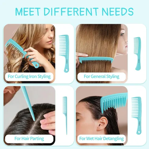 Miniatura 6 de Juego de peines para el cabello para mujeres y hombres, peine de dientes de 3 piezas de ancho, peine de cola de rata de diente fino, peine