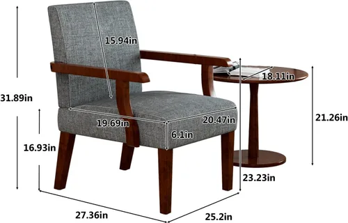 Miniatura 2 de Juego de 2 sillas decorativas, sillas tapizadas de lino con mesa redonda de madera, silla moderna para sala de estar, dormitorio y oficina (gris)