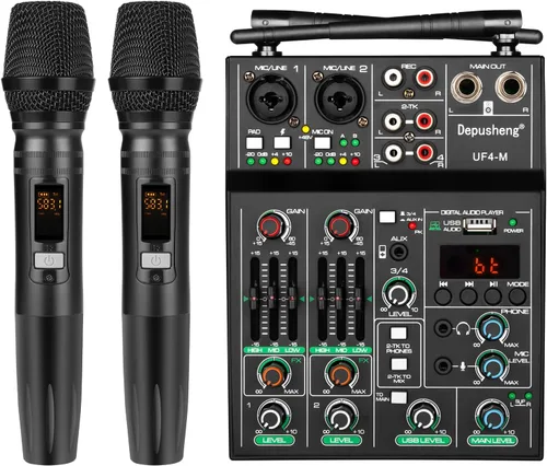 Depusheng Mezclador de audio profesional, mezclador de sonido de 4 canales con micrófono inalámbrico dual, consola de tablero de sonido, MP3,