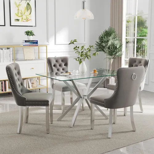 Miniatura 32 de Juego de comedor moderno de cristal de lujo de 5 piezas, juego de comedor rectangular minimalista para 4, juego de mesa de cocina de vidrio