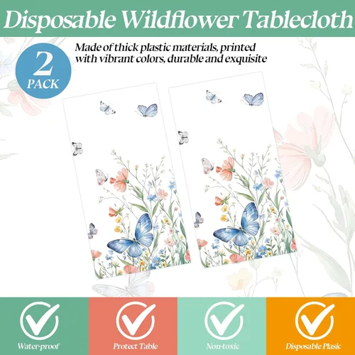 Miniatura 4 de Paquete de 2 manteles florales de primavera, decoraciones de fiesta, 54 x 108 pulgadas, desechables, flores silvestres, mariposas, manteles